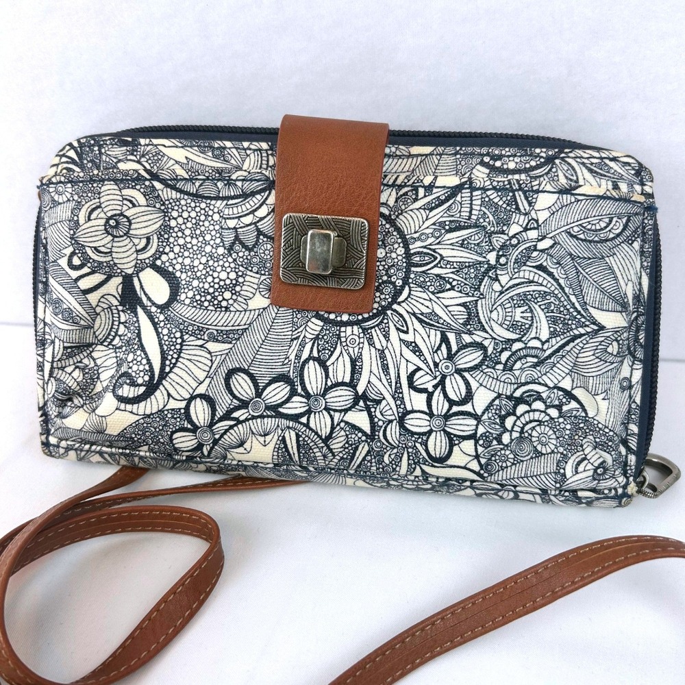 Sakroots Artist Circle Crossbody Wallet Black White Floral Doodle Print Bag